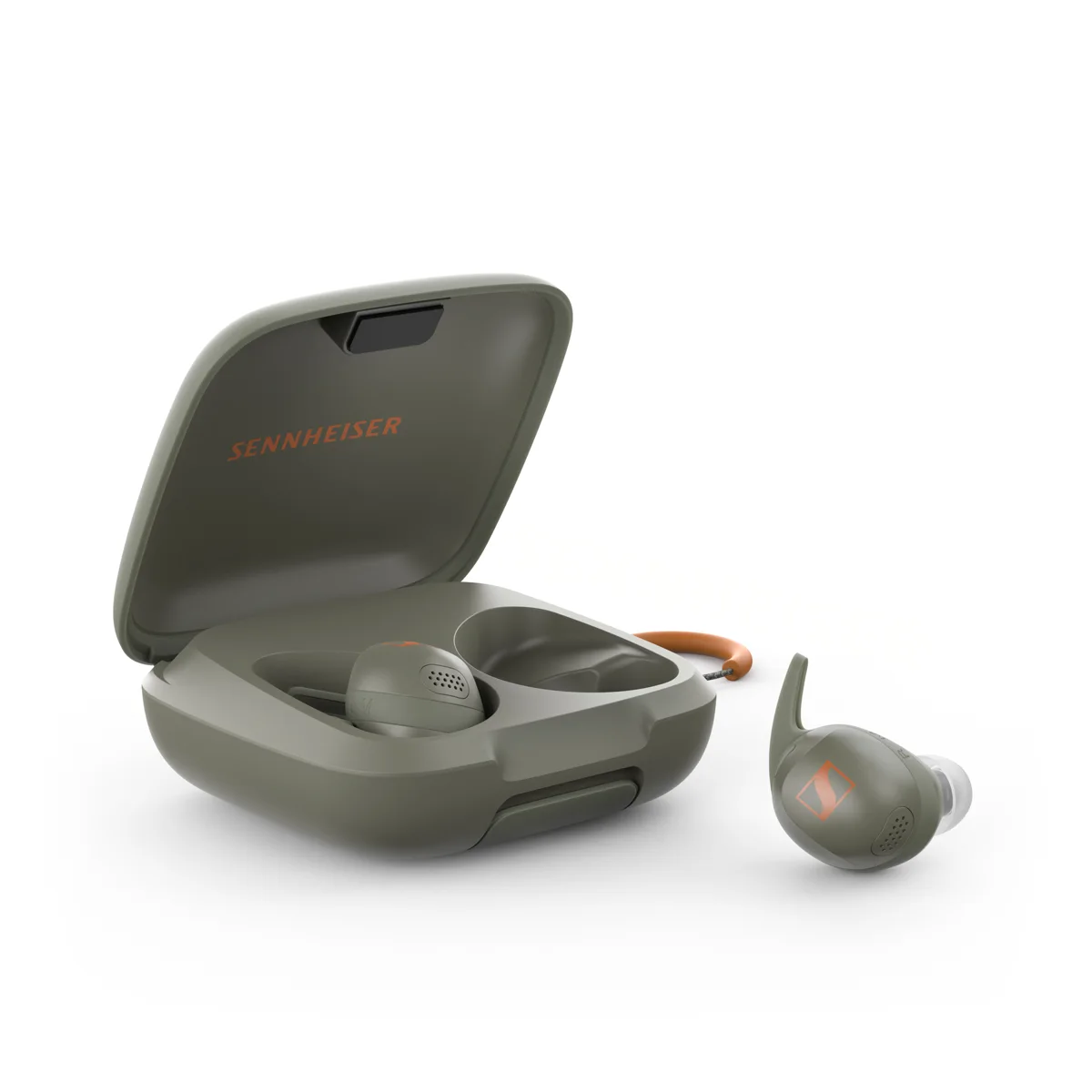 Case angle - Shop Sennheiser MOMENTUM Sport Wireless in-ear Noise-Canceling Earbuds - Olive